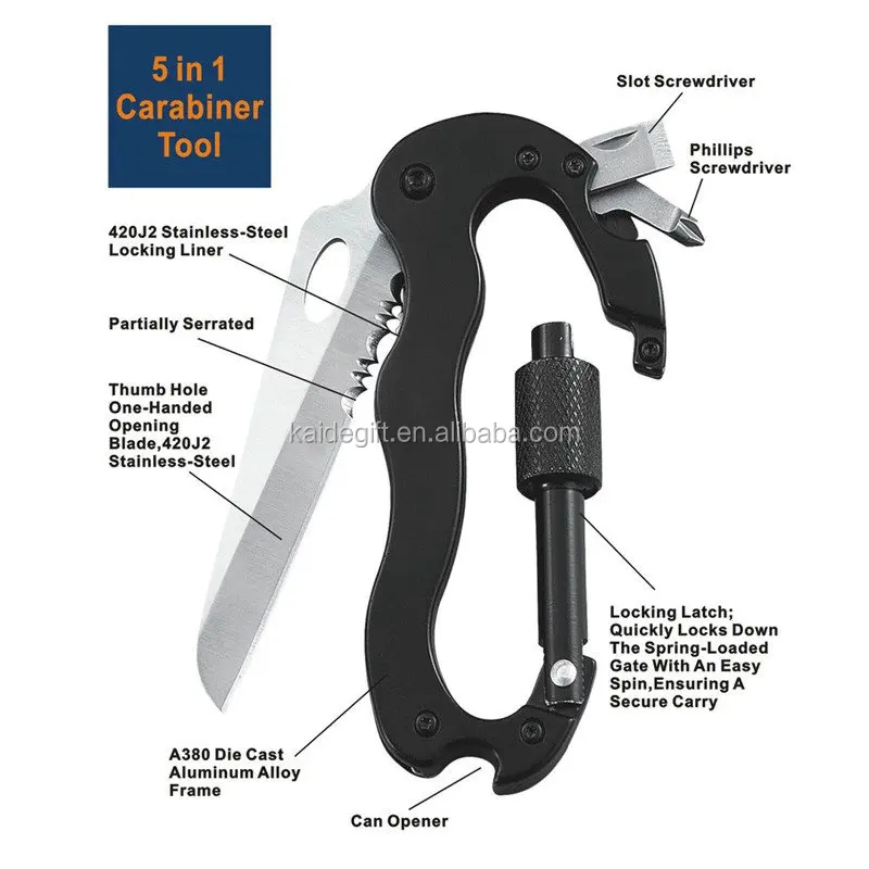 5 в 1 Алюминиевый альпинистский крюк рыболовные снасти мульти карабин с нож Инструменты