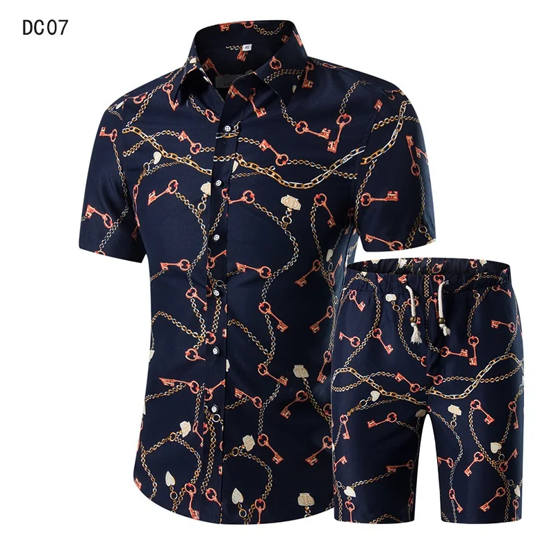 Mens short Sleeve shirt Summer Style Short Suit print plus size Set with stock price