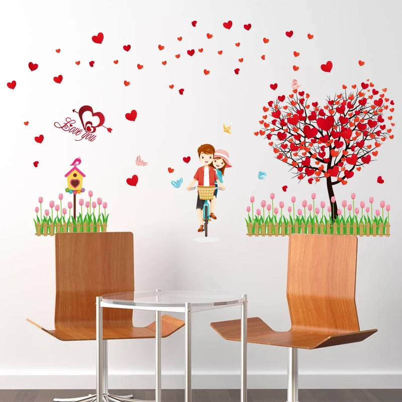 SK9207 New design love tree red loving heart bicycle lover wall sticker home decorative removable