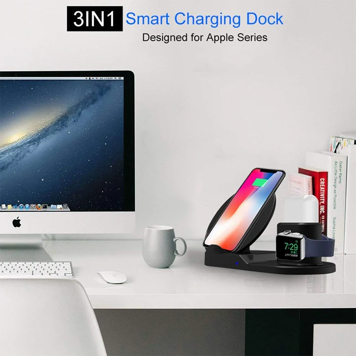 10W 7.5W Fast Wireless Charging Dock, 3 in 1 Wireless Charger Stand Station for iPhone for iWatch for Airpod
