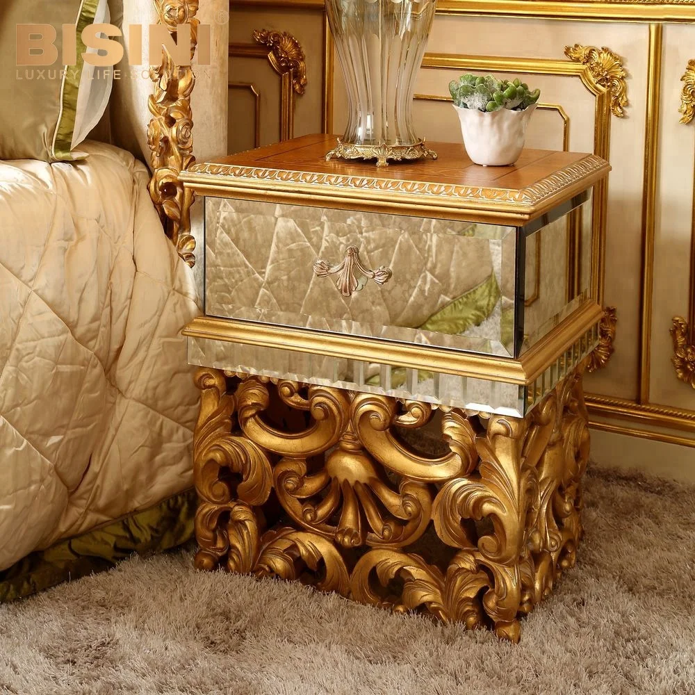 BISINI Luxury Style mirror faced hand carved gold foil wooden bedside table of wedding bedroom furniture - BF07-10058