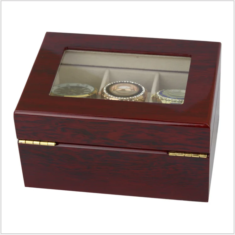 Hot Selling 3 Slots Glossy Mahogany Lacquer Solid Wood Watch Bracelet Packaging Storage Box With Glass Lid