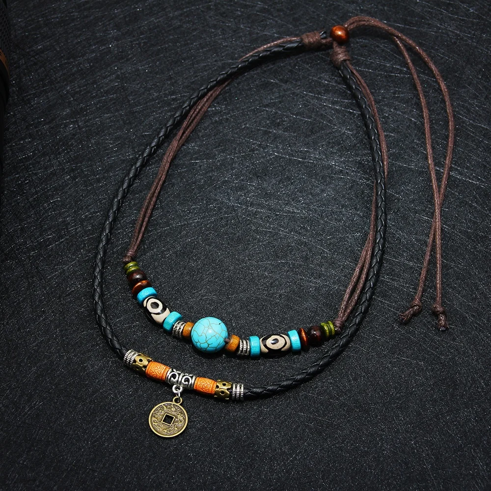 Vintage Ancient Coin Pendant Black & Brown Leather Ropes  Multiple Necklace Turquoise Natural Stone Beaded Necklace