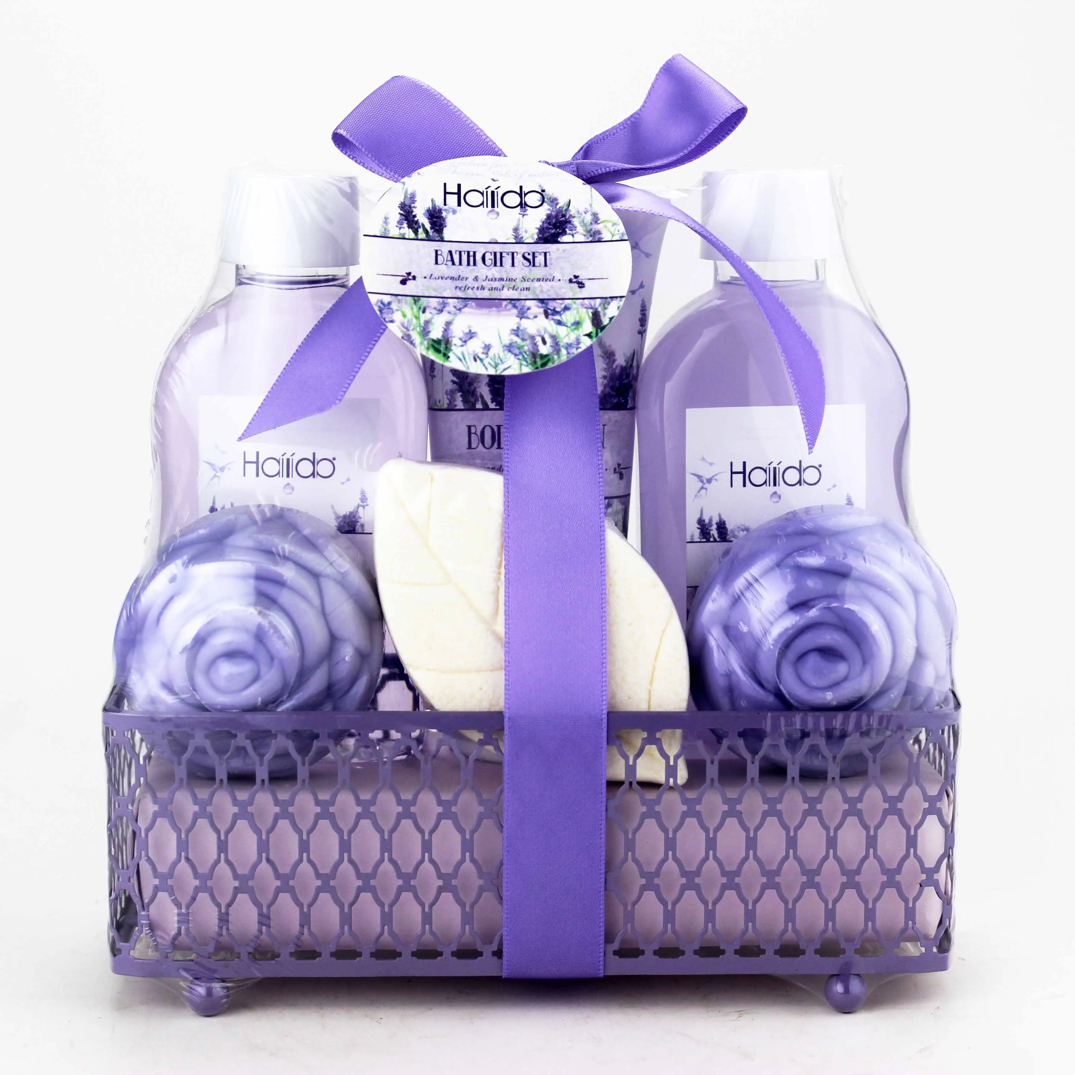 Bath Gift Basket Set for Women Relaxing at Home Spa Kit Scented with Lavender and Jasmine  Includes Large Bath Bomb Salts