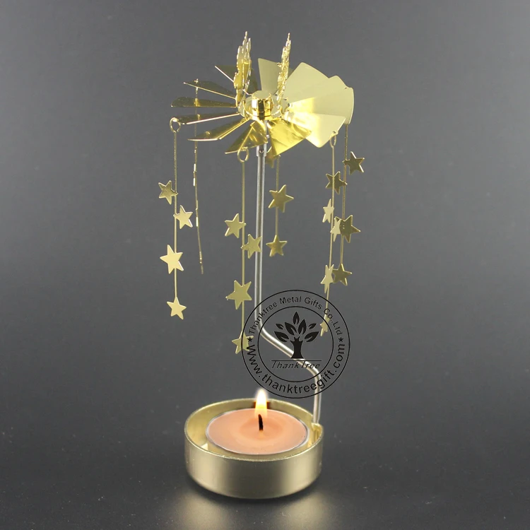 Gold plated metal etching rotating spinning tea light candle holder MCH-027
