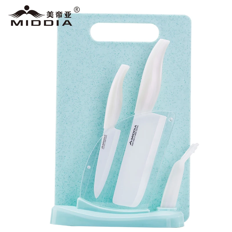 5 Pieces Ceramic Knife Set With Stand,Cutting Board,Pearl White Japanese Knife