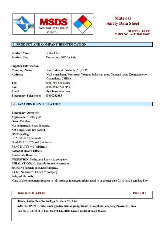 MSDS for glitter glue