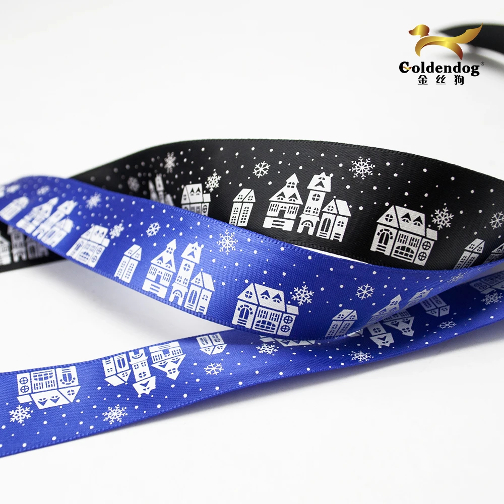 Wholesale blue and black 22mm(7/8 inch) christmas holiday silk printed satin celebrate it ribbon