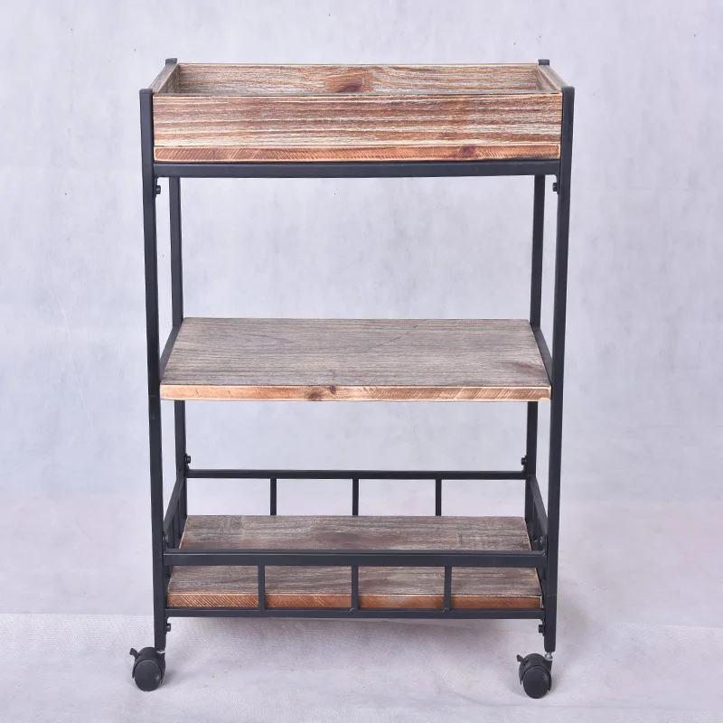 3 Tiered Wooden Metal Drink Serving Bar Cart With Wheel