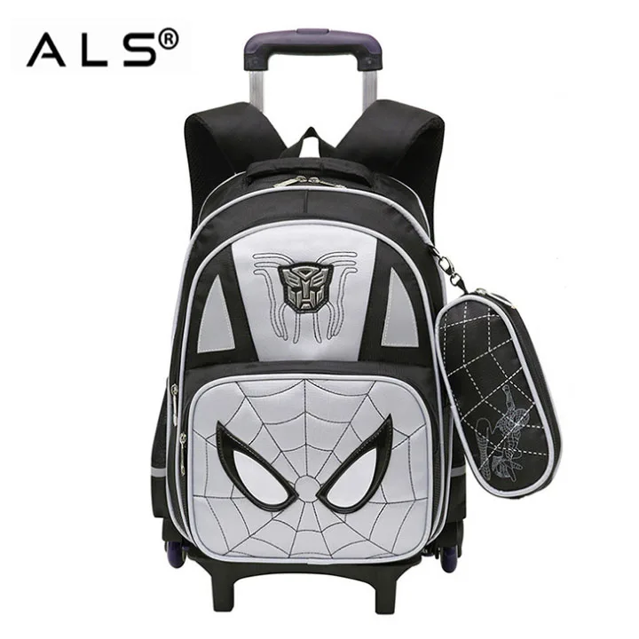 
Cartoon Detachable Children Trolley School Bag With Three Wheel Spiderman Trolley Backpack 