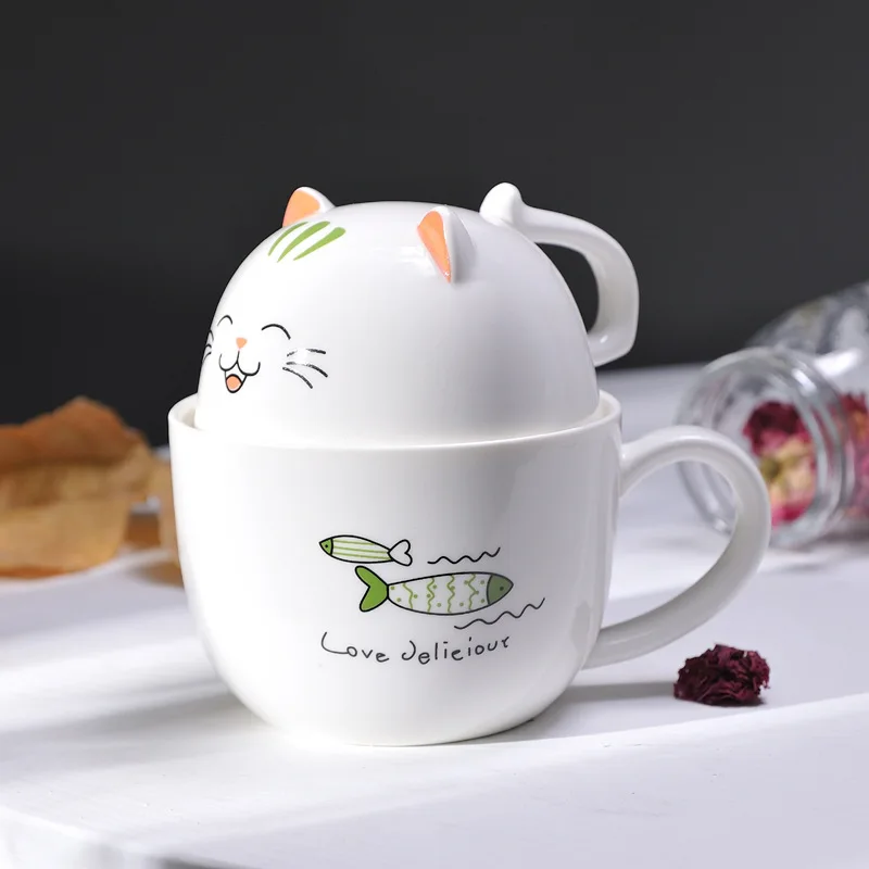 Creative Cartoon Ceramic Mug Porcelain Cup Cute Cat 3D Mugs Large Capacity Glass Milk Cup with Lid