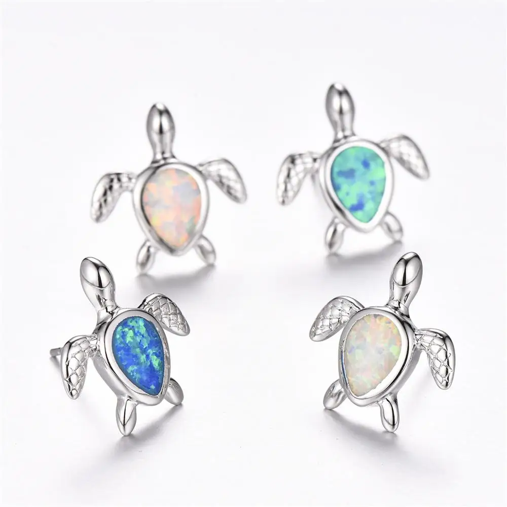 
Australia Blue/White Fire Opal Sea Turtle Earrings 925 Sterling Silver/Brass Birthstone Jewelry for Women 