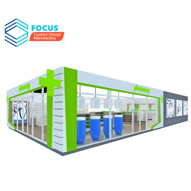 3D Design Render Retail Pharmacy Shop Interior Design Pharmacy Wood Showcase Designs For Medical Store