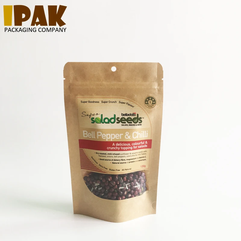 Wholesale 100% recycled laminated kraft paper mylar zipper window stand up bags for food packaging