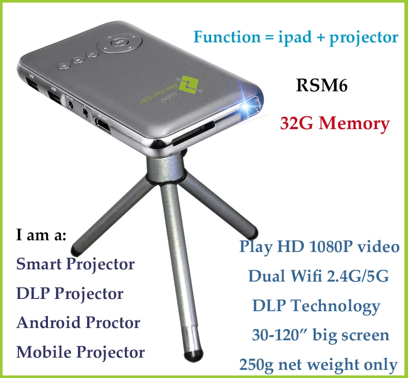Uutek 32 Г Android 4.4 HD LED Wifi мини Смарт-Проектор DLP портативный Проектор, 854*480 точек/дюйм 100 люмен 250 г
