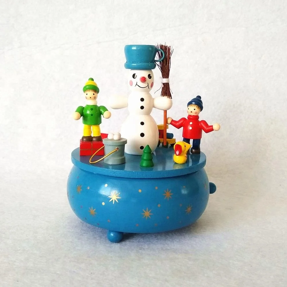 
Wooden Christmas decorations round wind up snowman musical box for gift 