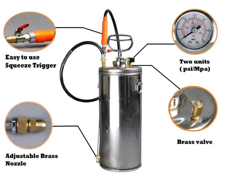 Stainless steel knapsack sprayer SUS304 mist sprayer 10L pressure spray slivery farm spray brass nozzle spray