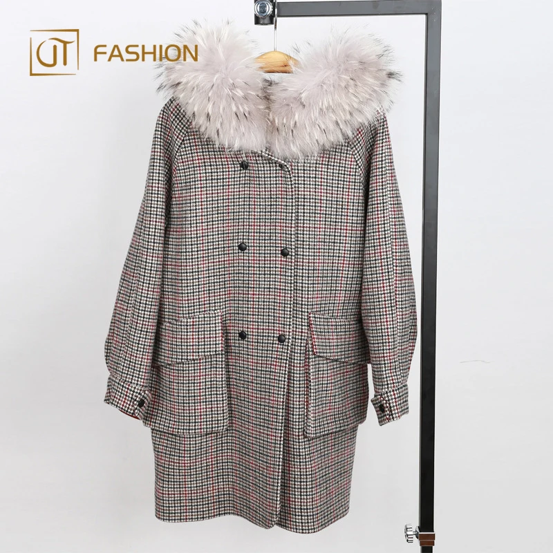 оптовая продажа большой енота меховым воротником 90% двусторонний материал ШЕРСТЬ проверить изделие дамы пальто