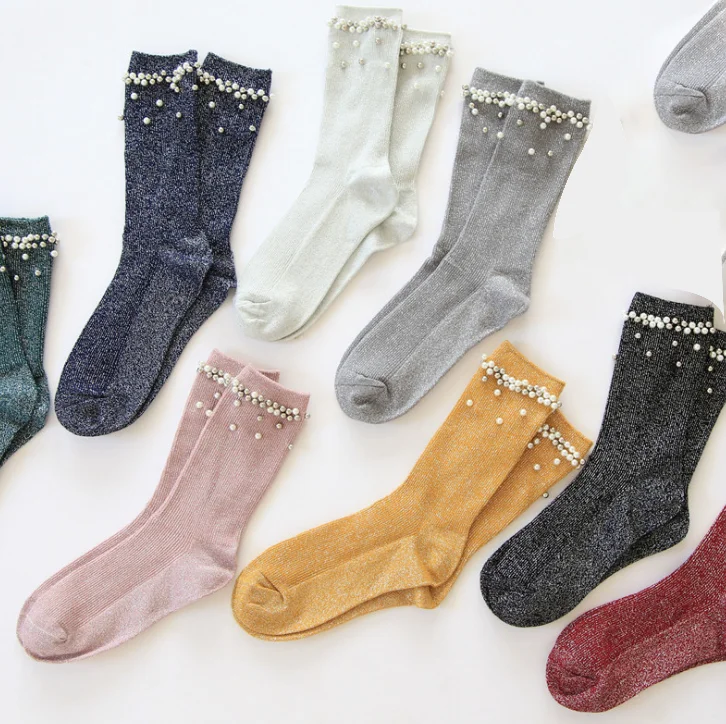 
Silver silk vintage nail-beaded socks with pearl women tube stockings designer socks for women sale custom design sock 