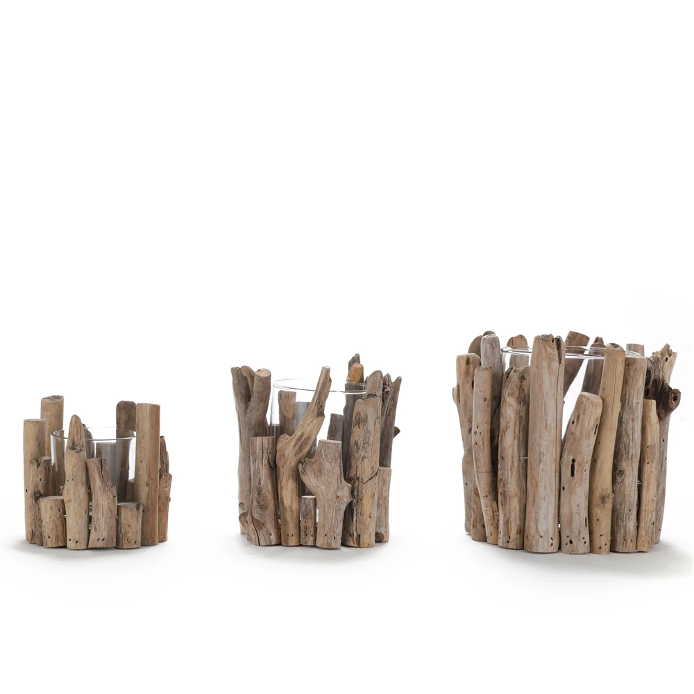 
Medium Natural Driftwood Hurricane Candle Holder with glass cup and tealight 