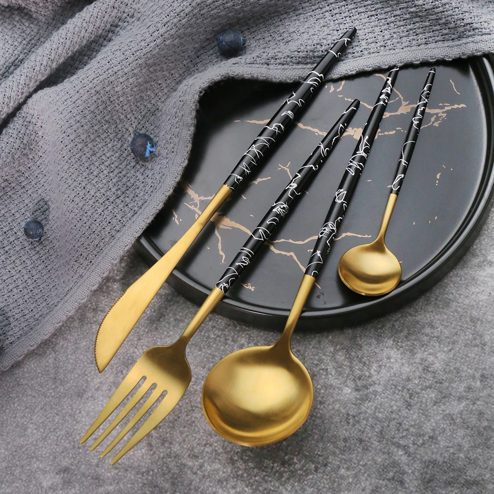
Eco-friendly Gift Marble handle Copper Stainless Steel Flatware wedding cutlery set 