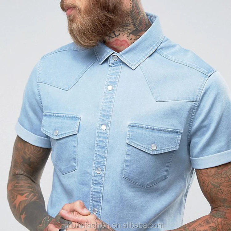 mens fashion shirts made in turkey point collar short sleeve denim shirt in light blue