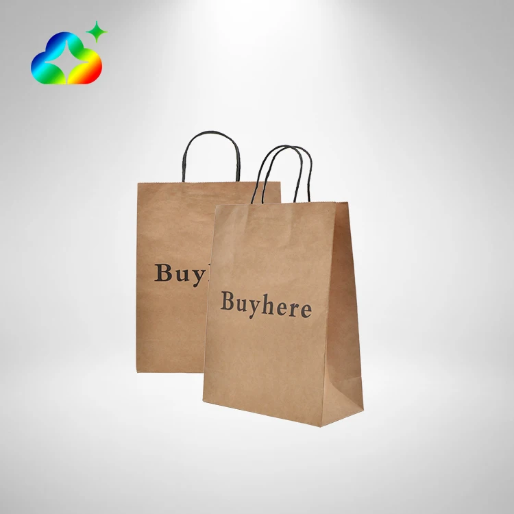 Custom Manufacturers Logo Printed Portable Carrier Handle Brown Kraft Paper Bags With Wholesale Price For Food Gift Packaging