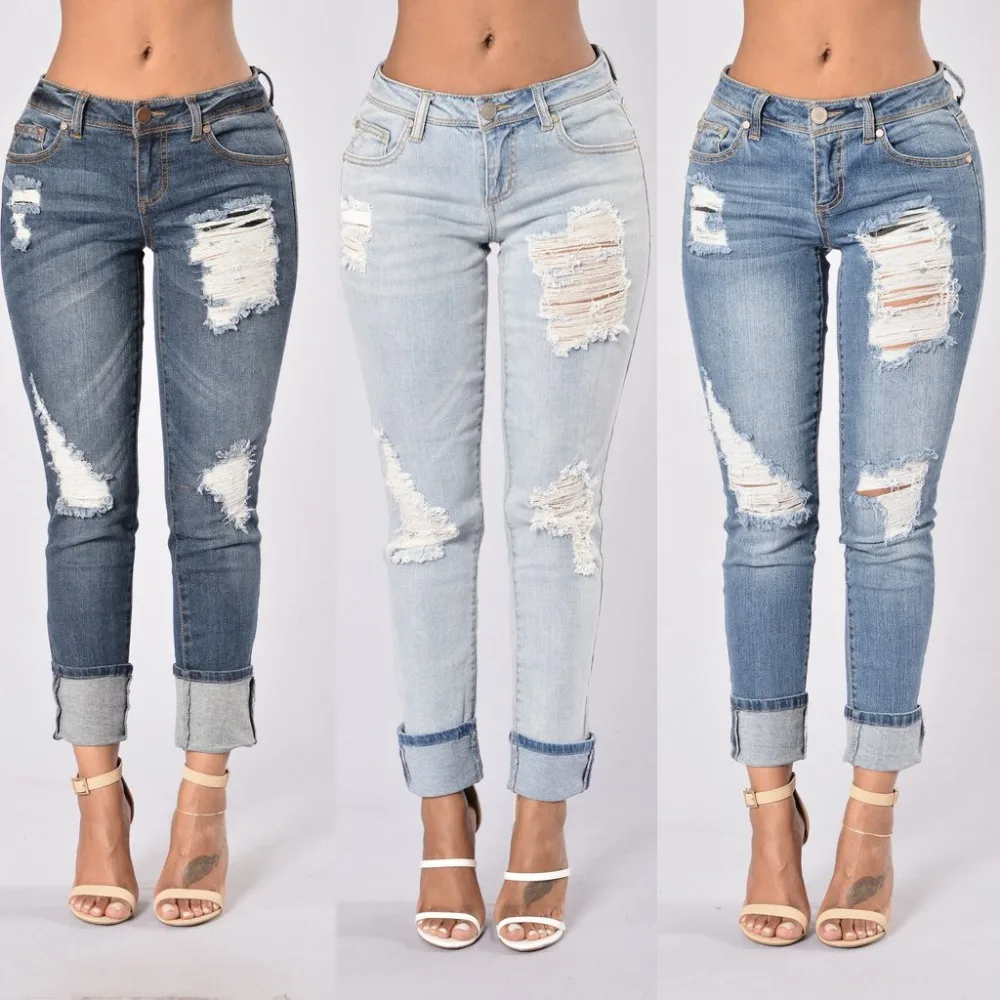
HT-WJW 2017 Hot Selling Cheap Women New Design Denim Jean Pant Ripped Boyfriend Jeans Straight Leg can be Cuffed and Uncuffed 