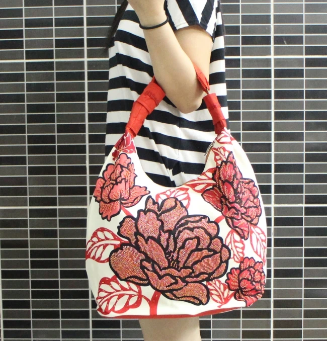 Beaded On Printed Rose Handbag