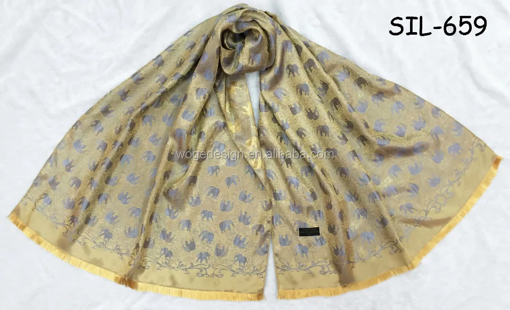 Fashion hot sold famous superb Thai design womens trims shawls hijab wraps jacquard gold elephant imitation silk scarf pashmina