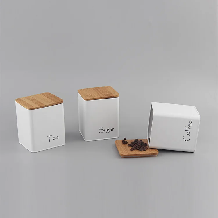 Hot Selling wood cover 3 pcs dry food storage Airtight Metal Tin Iron color Square flour sugar canister sets for kitchen counter