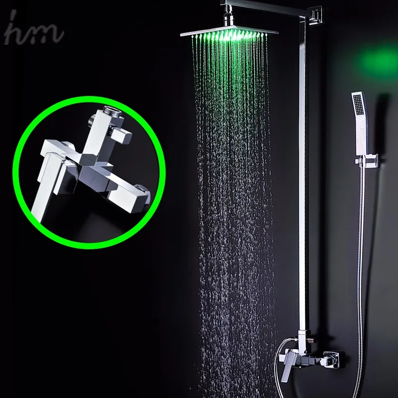 Square 8 Inches LED Light Shower Head Sets Handheld Shower With Arm Slide Bar for Bath Accessories Faucet Taps T