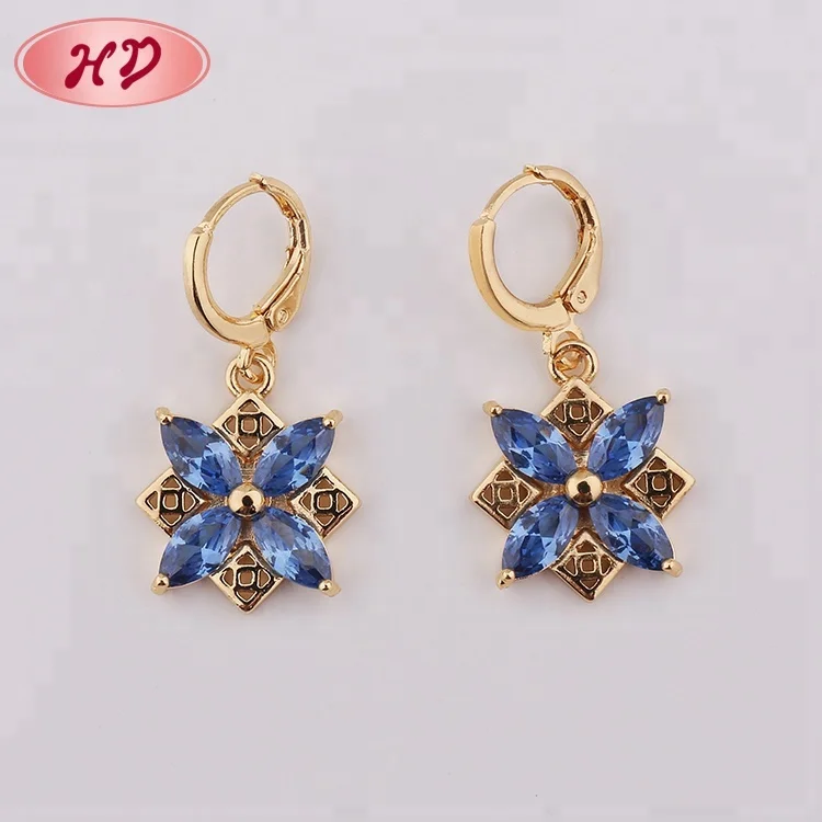 24K Gold Plated Hanging Diamond Earrings With Cubic Zirconia Red Stone