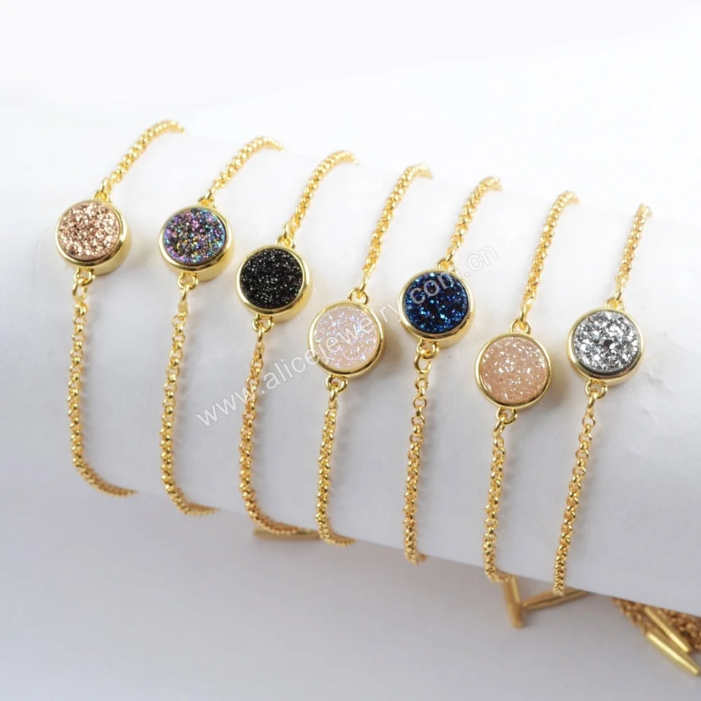 ZG0367 Gold Plated Bezel Round Agate Stone Adjustable Druzy Bracelet Women
