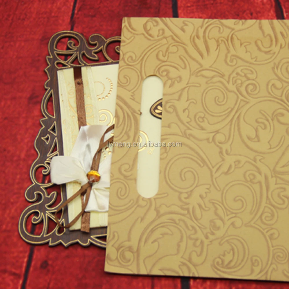 
2016 arabic buautiful Ribbon&butterfly laser cut wooden wedding card/High quality gold stamping invitation card 