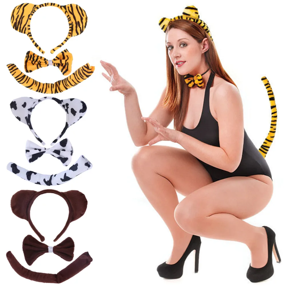100 Brand Kids Animal Zebra Tiger Cow Gray Wolf Monkey Tail Bunny Ear Headband Bow Tie