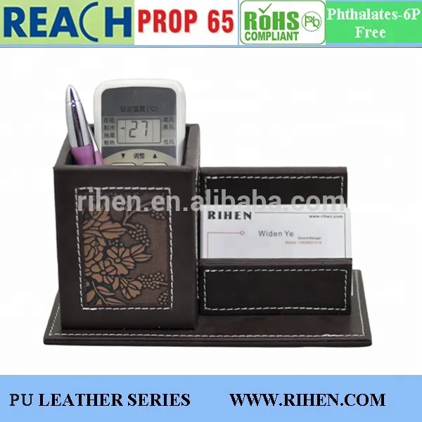 Офисный Настольный кожаный держатель для ручек, органайзер с часами