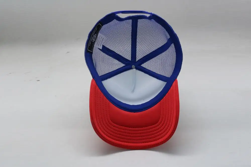 custom foam turcker cap mesh fabric blank design white panel with red brim and blue mesh Snapback Cap