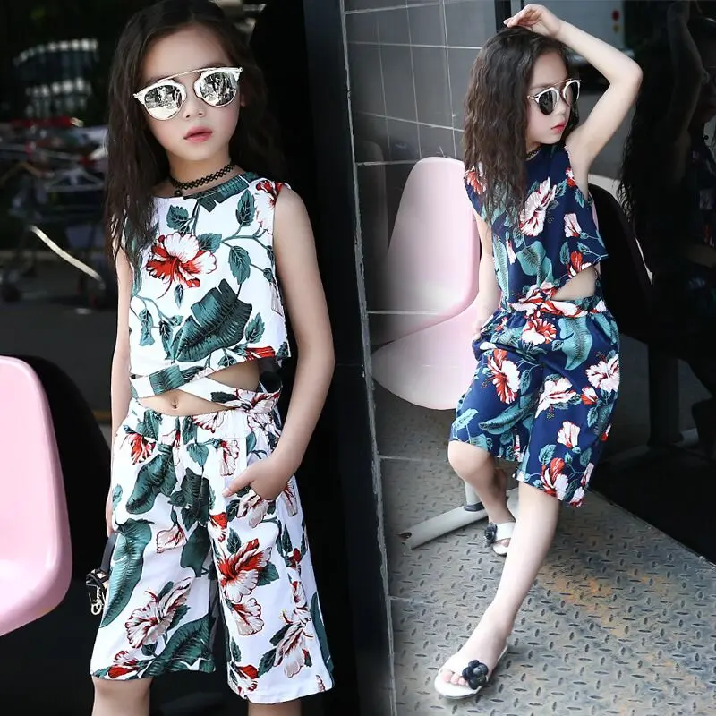 new 2018 summer clothing kids leaf printed children girls clothes sets 12 years old
