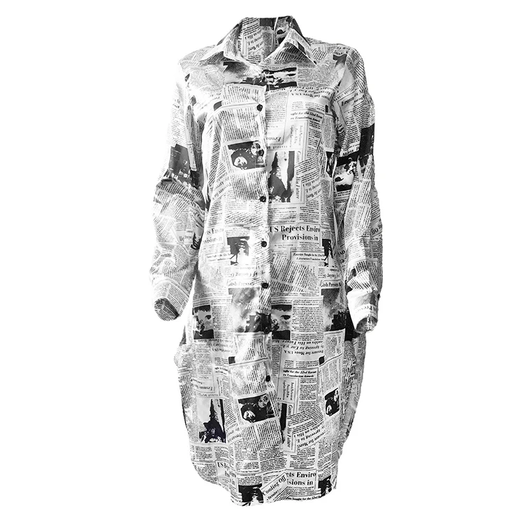 
Top rating fashion design button closure newspaper print pointed collar shirt dress 
