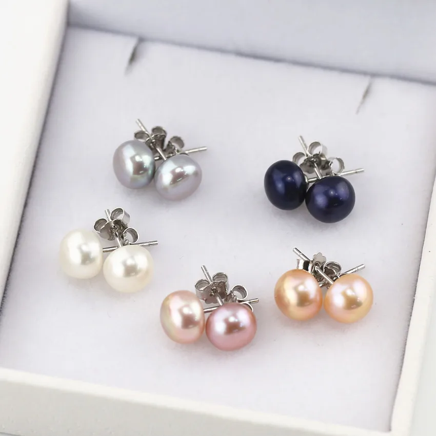 925 sterling silver white black real simple natural genuine cultured fresh water freshwater pearl stud earings earrings