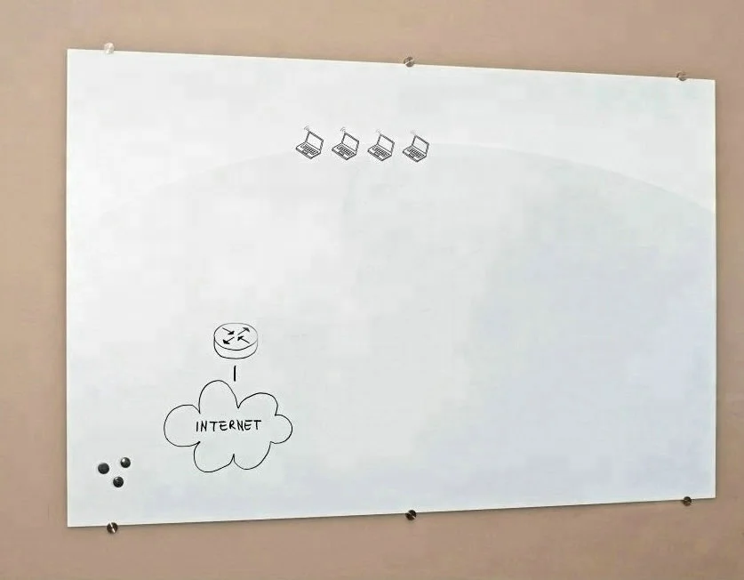 Customized Wall Mounted Magnetic glass white board With Glass Clamp installed