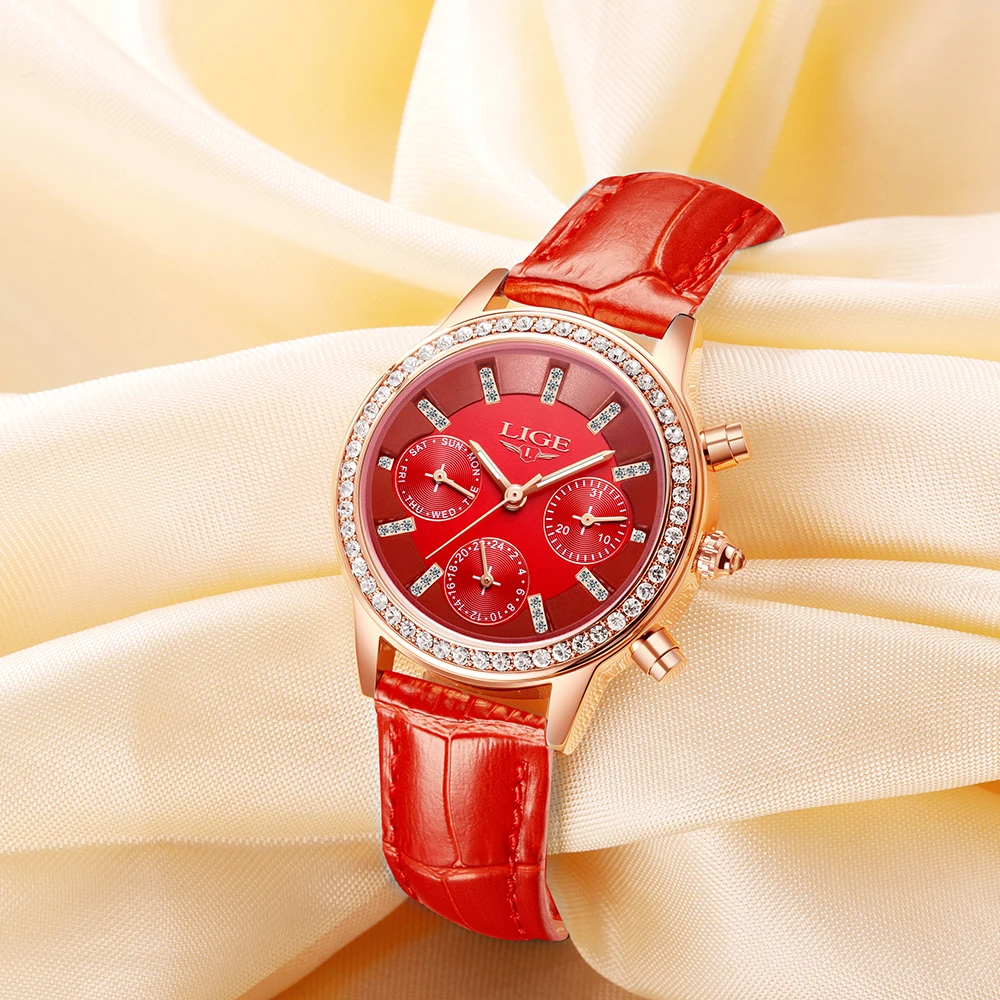 LIGE Luxury Brand Women Dress Watches Ladies Waterproof Leather Quartz Watch Woman Fashion Diamond watches