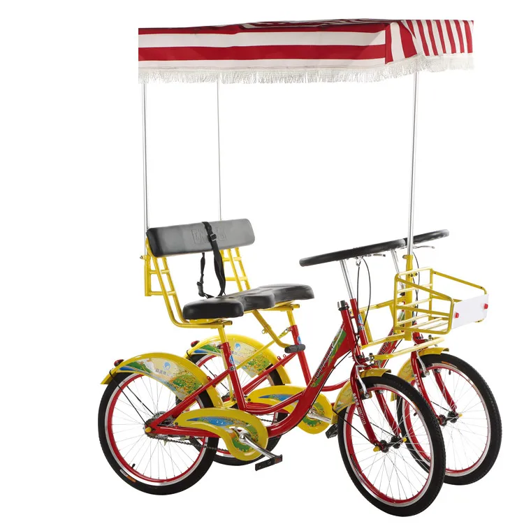 Blue and yellow color OFO bike on road/2 person cycling for fun/rental park bicycle