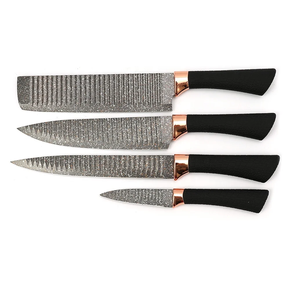 New design soft touch handle with nonstick marble coating blade kitchen knife set