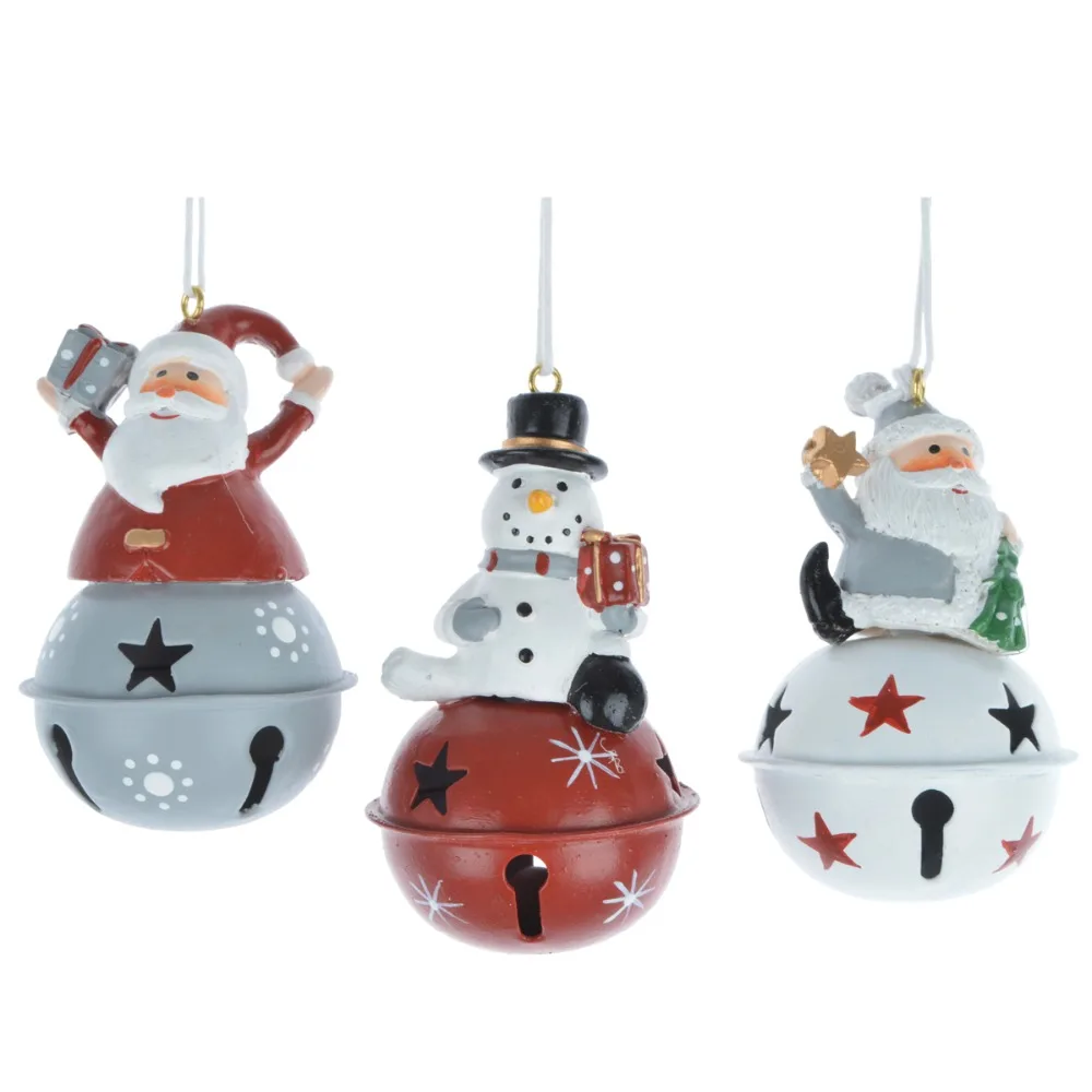 Wholesale Christmas return gifts resin santa claus snowman reindeer figurines hanging decorations with metal jingle bell ball