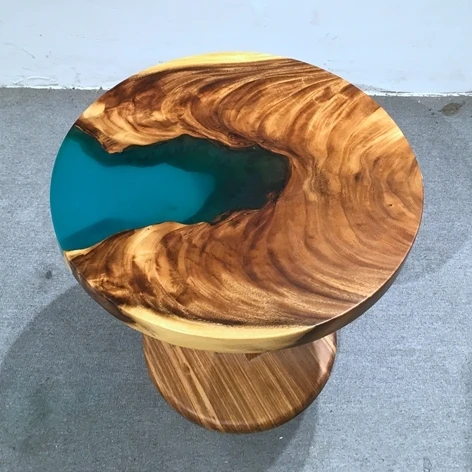 Beautiful Wood grain solid walnut wood with blue epoxy resin table top river round coffee table