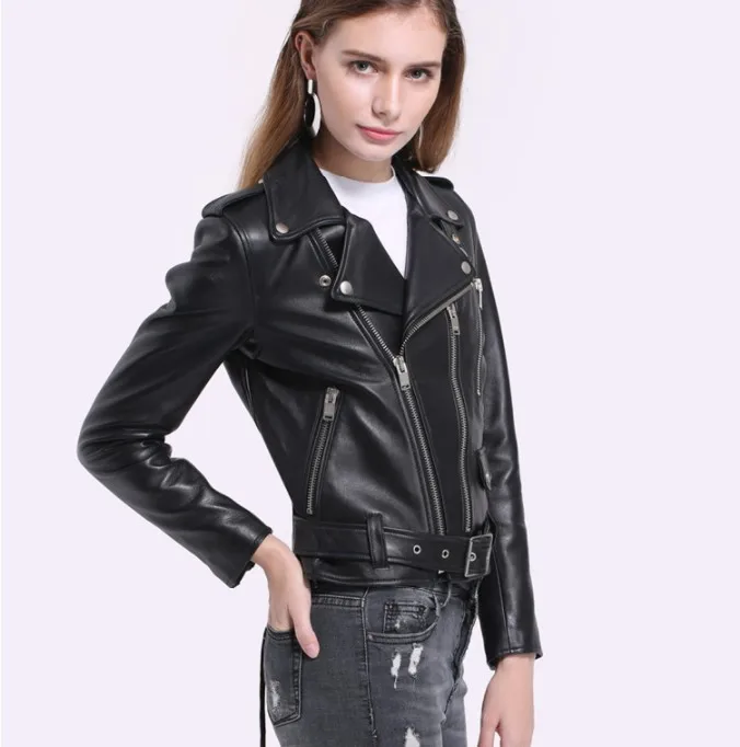 Spring Autumn Womens Nappa Leather Coats Real Leather Jacket with Tassels Zipper Closure Motorcycle Bike Women Short Standard