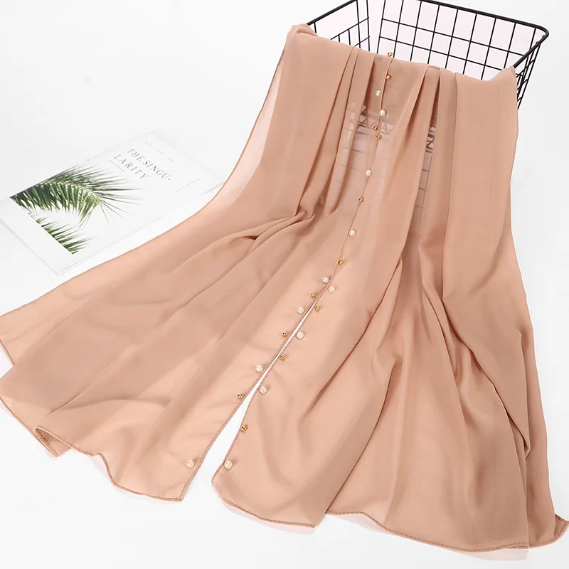 Chiffon 20 colors gold and white pearl hijabs islamic head wraps long muslim beads chiffon plain hijab scarf