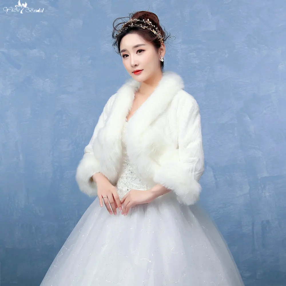 
LZP122 Faux Fur Fabrics Long Sleeve White Coat Lace Bolero Wedding Shawl 